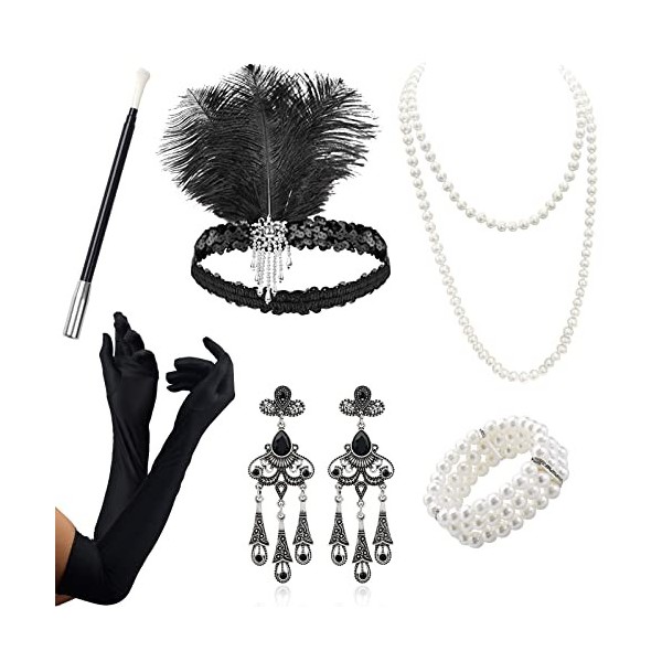 VEGCOO Accessoire Année 20 Femme，6Pcs Accessoires Gatsby Costume Set  Charleston Accessoires Femme pour La Mascarade Halloween