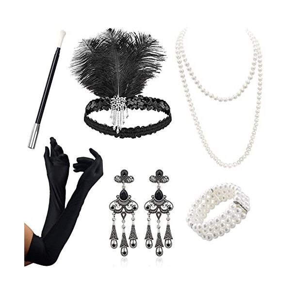 VEGCOO Accessoire Année 20 Femme，6Pcs Accessoires Gatsby Costume Set Charleston Accessoires Femme pour La Mascarade Halloween