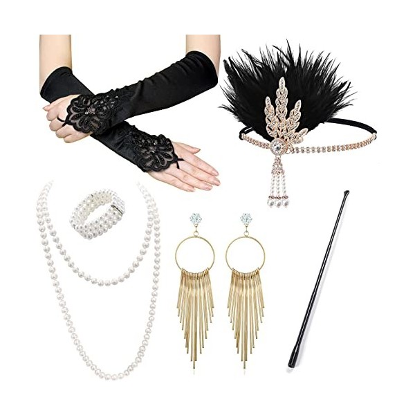 VEGCOO Accessoire Année 20 Femme，6Pcs Accessoires Gatsby Costume Set Charleston Accessoires Femme pour La Mascarade Halloween