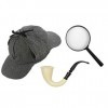 CA SE FETE Déguisement Détective Anglais I Chapeau Deerstalker Sherlock Grise I Pipe I Loupe Noire 17 cm I Carnaval