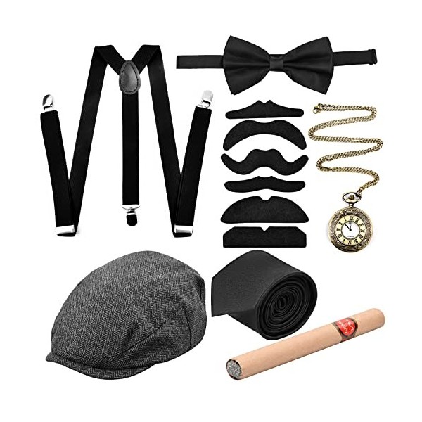 Jinlaili Années 1920 Hommes Déguisements Accessoires, Gatsby Costume Kit avec Béret, Vintage Montre de Poche, Ajustable Brete