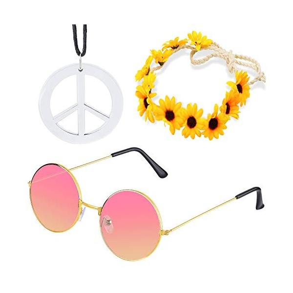 Beelittle Hippie Costume Set - Style rétro des années 60 Vintage Lunettes Lunettes signe de la paix Collier Tournesol Couronn