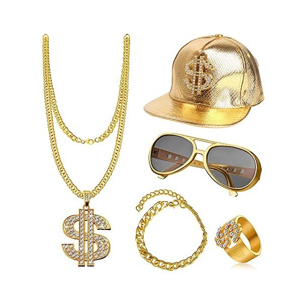 ZJRung Kit de Costume Hip Hop Lunettes de Soleil et Bagues de Rappeur Chapeau Collier Dollar Bracelet Chaîne dor 80s 90s Acc