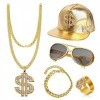 ZJRung Kit de Costume Hip Hop Lunettes de Soleil et Bagues de Rappeur Chapeau Collier Dollar Bracelet Chaîne dor 80s 90s Acc