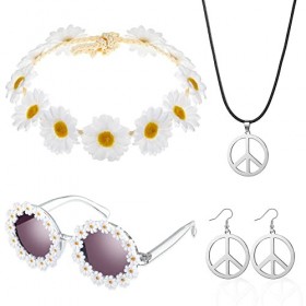 Set de Costume Hippie pour Femmes Accessoires de Déguisement des Années 60 et 70 Inclure Bandeau de Fleur Marguerite Lunettes