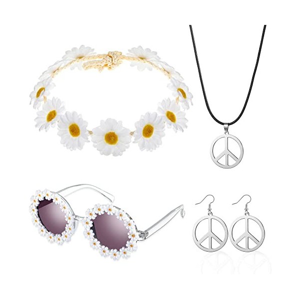 Set de Costume Hippie pour Femmes Accessoires de Déguisement des Années 60 et 70 Inclure Bandeau de Fleur Marguerite Lunettes