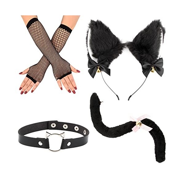 COLOFALLA Kit de Déguisement de Chat Cosplay Carnaval Serre-Tête Collier du Cou Gants en Dentelle et Queue avec Cloche Décora