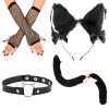 COLOFALLA Kit de Déguisement de Chat Cosplay Carnaval Serre-Tête Collier du Cou Gants en Dentelle et Queue avec Cloche Décora