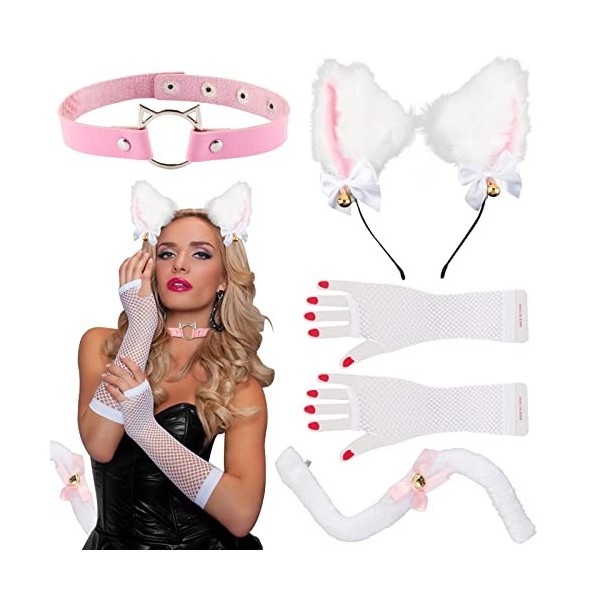 COLOFALLA Kit de Déguisement de Chat Cosplay Carnaval Serre-Tête Collier du Cou Gants en Dentelle et Queue avec Cloche Décora