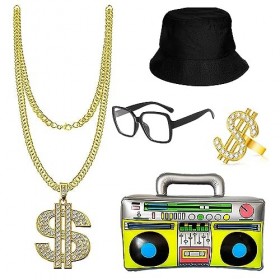 Kit de Déguisement Hip Hop 80s 90s Accessoires de Rappeur des Années,Noir Chapeau Seau Lunettes de Soleil Boîte Radio Gonflab