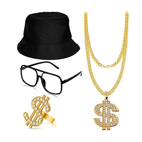 Gejoy Kit de Costume Hip Hop Chapeau de Seau Lunettes de Soleil Bague Chaîne de Dollar dor Accessoires de Rappeur des Années