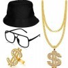 Gejoy Kit de Costume Hip Hop Chapeau de Seau Lunettes de Soleil Bague Chaîne de Dollar dor Accessoires de Rappeur des Années