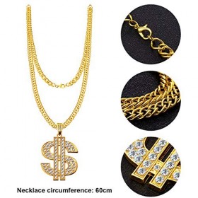 Gejoy Kit de Costume Hip Hop Chapeau de Seau Lunettes de Soleil Bague Chaîne de Dollar dor Accessoires de Rappeur des Années