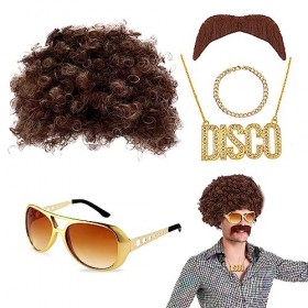 VIKSAUN 5 Pièces Ensemble de Costume Hippie, Hippie Afro Perruque, Ensemble de Perruques Hippies, Deguisement Annee 80 90 Hom