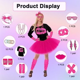 Kit Déguisement Année 80 Accessoire Femme 26 pcs Costume Tee Shirt Annee 80 Femme Néon Tenu Thème Soirée Carnaval Fille Disco