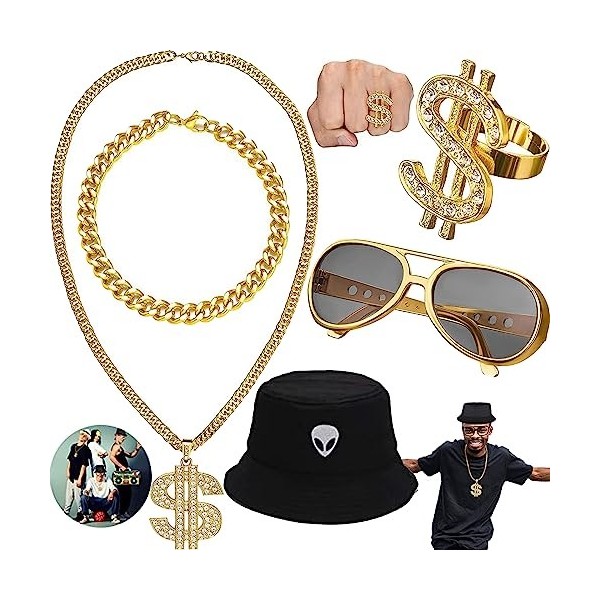 5 Pièces 80 Années 90 Costume Hip Hop Ensemble, Kit de Accessoires de Rappeur, Noir Chapeau de Seau, Or Signe de Dollar Colli