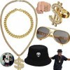 5 Pièces 80 Années 90 Costume Hip Hop Ensemble, Kit de Accessoires de Rappeur, Noir Chapeau de Seau, Or Signe de Dollar Colli