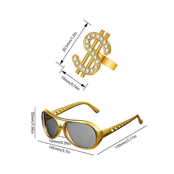 NewZC Kit de Costume Hip Hop Lunettes de Soleil Bague Chaîne de Dollar dor Accessoires de Rappeur des Années 80/90 Convient 