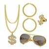 UYUYong Kit de Costume Hip Hop Déguisement Année 80 Lunettes de Soleil Bague Chaîne de Dollar or Bracelets Accessoires de Rap