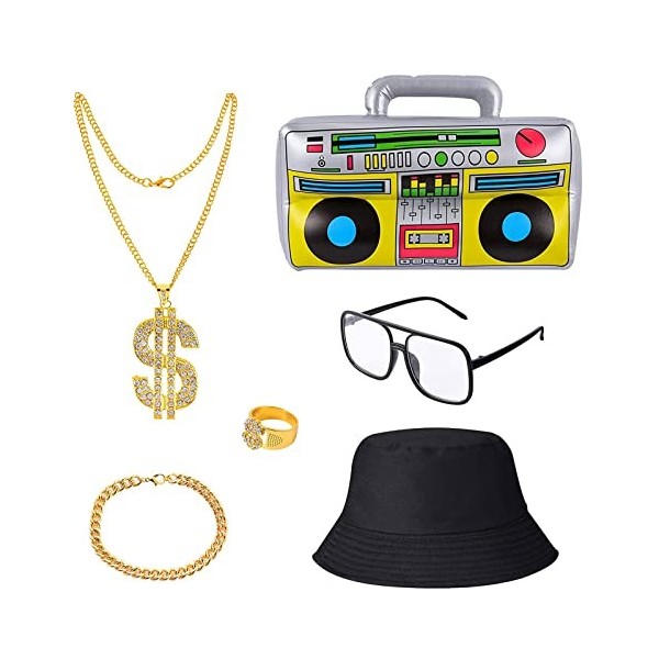 TSHAOUN 6 morceaux Set Kit Déguisement Hip Hop,Accessoires de Rappeur des Années 80/90,boom box gonflable,Chapeau Hip Hop, Ch