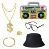 TSHAOUN 6 morceaux Set Kit Déguisement Hip Hop,Accessoires de Rappeur des Années 80/90,boom box gonflable,Chapeau Hip Hop, Ch