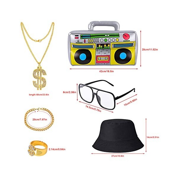 TSHAOUN 6 morceaux Set Kit Déguisement Hip Hop,Accessoires de Rappeur des Années 80/90,boom box gonflable,Chapeau Hip Hop, Ch