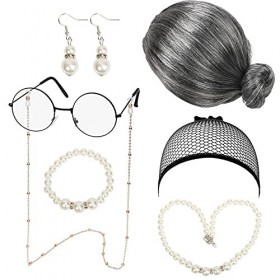 LOOPES 7pcs Kit de Deguisement Grand Mere, Perruque Grand Mère, Costume de Grand Mere avec Perruque Lunettes Bracelet Collier