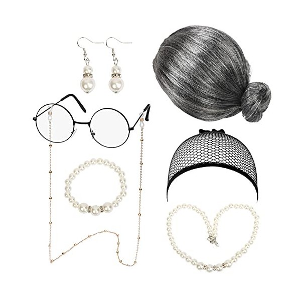 LOOPES 7pcs Kit de Deguisement Grand Mere, Perruque Grand Mère, Costume de Grand Mere avec Perruque Lunettes Bracelet Collier