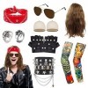 13 PCS Deguisements Rock Accessoires, Punk Gothique Rocker Kit avec Perruque Cap de Perruque Tatouage Manches Lunettes Bandan