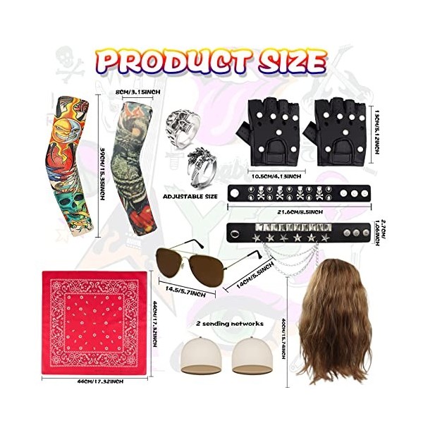 13 PCS Deguisements Rock Accessoires, Punk Gothique Rocker Kit avec Perruque Cap de Perruque Tatouage Manches Lunettes Bandan