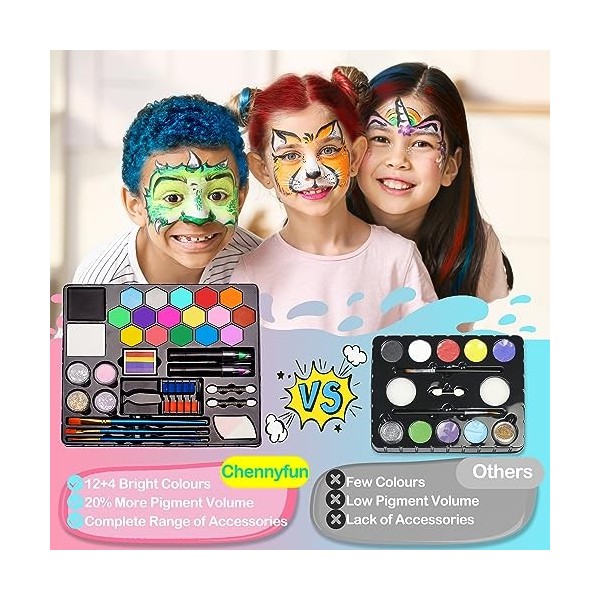 Chennyfun Palette de Maquillage Enfants Kit, Peinture pour Le Visage-16 Grandes Peintures, Lavable,Peinture pour Le Visage et