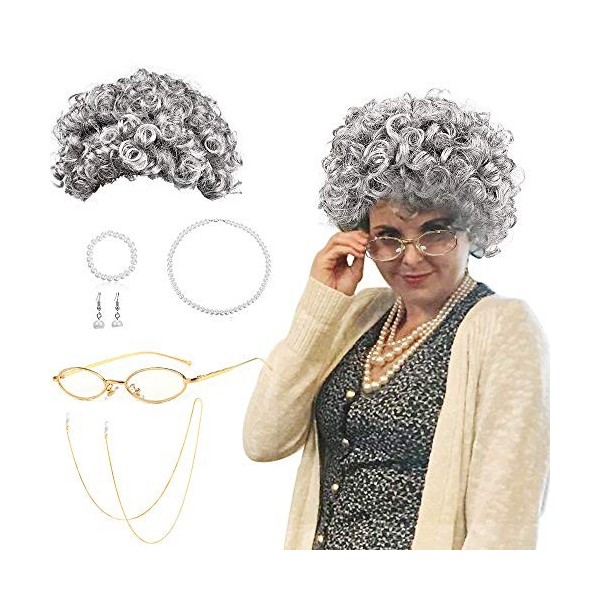 BIQIQI Grand-Mère Perruque Kit de Deguisement Grand Mere Perruque Vieille Dame Grise Bouclée Cosplay Accessoire Lunettes Made