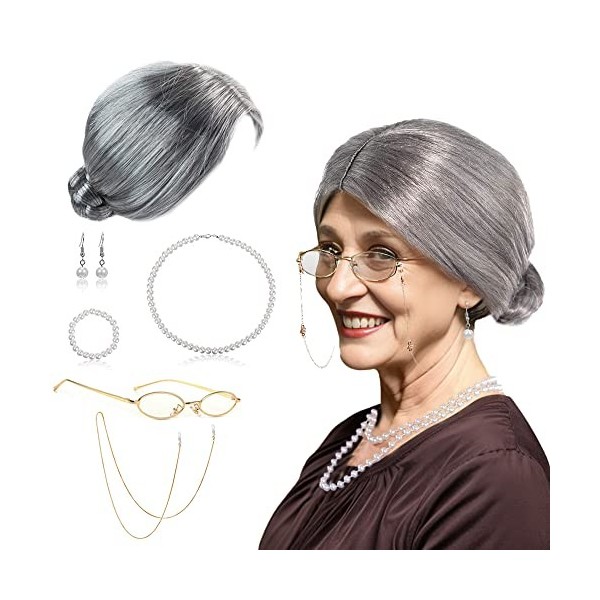 BIQIQI Grand-Mère Perruque Kit de Deguisement Grand Mere Perruque Vieille Dame Grise Bouclée Cosplay Accessoire Lunettes Made