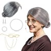 BIQIQI Grand-Mère Perruque Kit de Deguisement Grand Mere Perruque Vieille Dame Grise Bouclée Cosplay Accessoire Lunettes Made