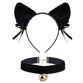 Serre-Tête Oreille de Chat Bandeau Handband Noir + Collier Ras du Cou en Velours avec Cloche Cat Costume Kit Accessoires Chev