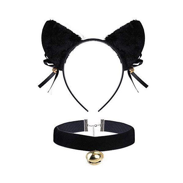 Serre-Tête Oreille de Chat Bandeau Handband Noir + Collier Ras du Cou en Velours avec Cloche Cat Costume Kit Accessoires Chev