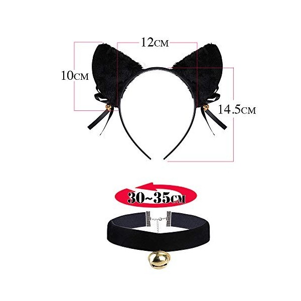 Serre-Tête Oreille de Chat Bandeau Handband Noir + Collier Ras du Cou en Velours avec Cloche Cat Costume Kit Accessoires Chev