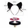 Serre-Tête Oreille de Chat Bandeau Handband Noir + Collier Ras du Cou en Velours avec Cloche Cat Costume Kit Accessoires Chev