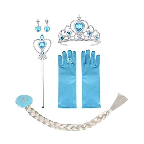 Vicloon 6pcs Upgrade Princesse Accessoires pour Costume dElsa - Perruque/Bague/Boucles doreilles/Collier/Gants/Diadème/Bagu