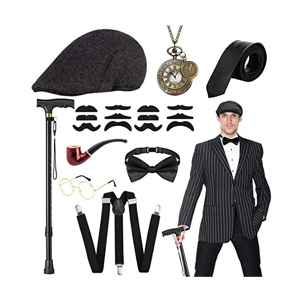 WILDPARTY Costume Homme Année 20 Accessoire, Béquille Pliable Métal, Chapeau Manhattan, Montre de Poche Vintage, Lunettes, Cr