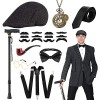 WILDPARTY Costume Homme Année 20 Accessoire, Béquille Pliable Métal, Chapeau Manhattan, Montre de Poche Vintage, Lunettes, Cr