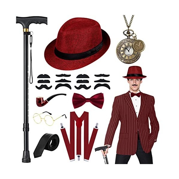 WILDPARTY Costume Homme Année 20 Accessoire, Béquille Pliable Métal, Chapeau Manhattan, Montre de Poche Vintage, Lunettes, Cr