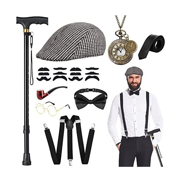 WILDPARTY Costume Homme Année 20 Accessoire, Béquille Pliable Métal, Chapeau Manhattan, Montre de Poche Vintage, Lunettes, Cr