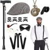 WILDPARTY Costume Homme Année 20 Accessoire, Béquille Pliable Métal, Chapeau Manhattan, Montre de Poche Vintage, Lunettes, Cr