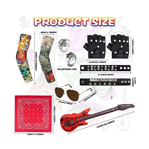 11 PCS Accessoires de Costume Punk, Runk Gothique Rocker Kit avec Faux Tatouage Manches Guitare Gonflable Lunettes Bandana Ga