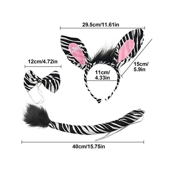 TSHAOUN Kit Zèbre, Zèbre Oreilles Bandeau Noeud Papillon Queue, Deguisement Animaux, Cosplay Set, Ensemble Costume zèbre, Par