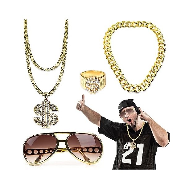 mizikuu Kit de Costume Hip Hop, 4 Pièces Hippie Costume Set Deguisement Annee 80/90 avec Lunettes De Soleil Dollar Collier Ba