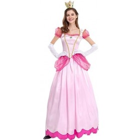 TRACYCY Déguisement Peach Femme Cosplay Princesse Pêche Festival Longues Robes de Soirée avec Couronne et Gants pour Adulte D