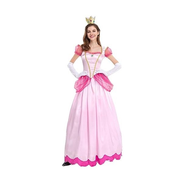 TRACYCY Déguisement Peach Femme Cosplay Princesse Pêche Festival Longues Robes de Soirée avec Couronne et Gants pour Adulte D