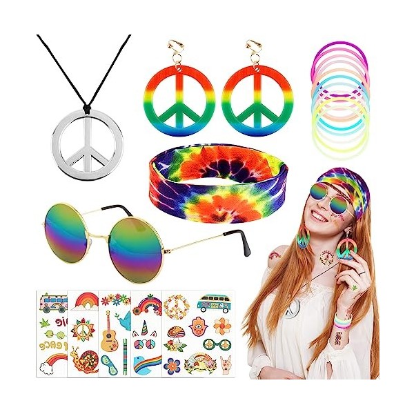 BOFUNX 5pcs Kit de Déguisements Hippie Rétro Hippie Années 60 70 Collier Boucles doreilles Signe de Paix Bandeau Lunettes+5f